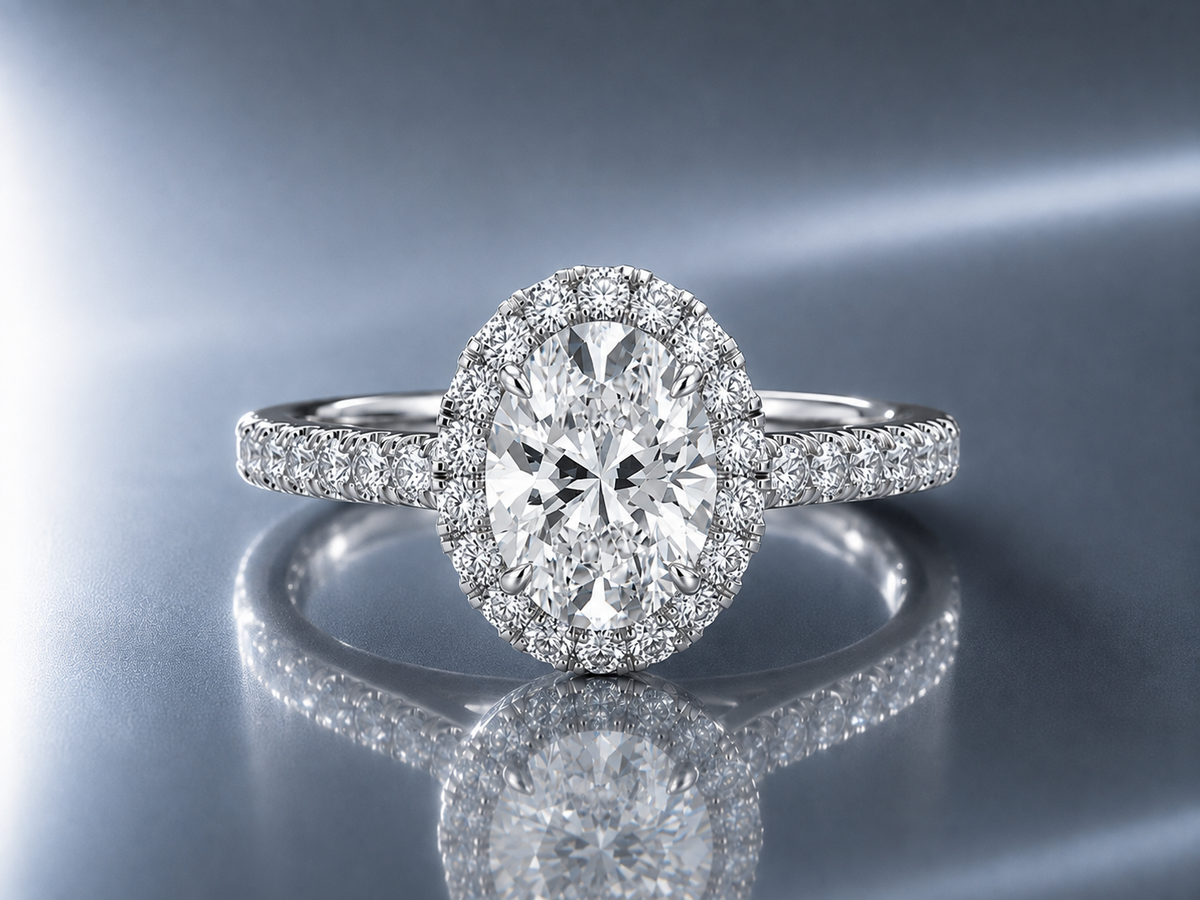 IGI Certified 2ct Oval Lab Grown Diamond Halo Engagement Ring